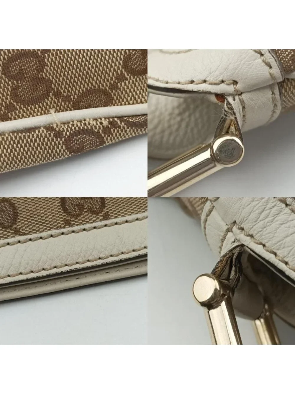 Gucci Bamboo Beige White Canvas Leather Shoulder Bag